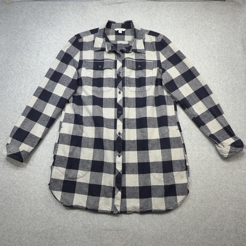 LL Bean Signature Chamois Shirt Womens Large Blue Buffalo Plaid Flannel Pockets
